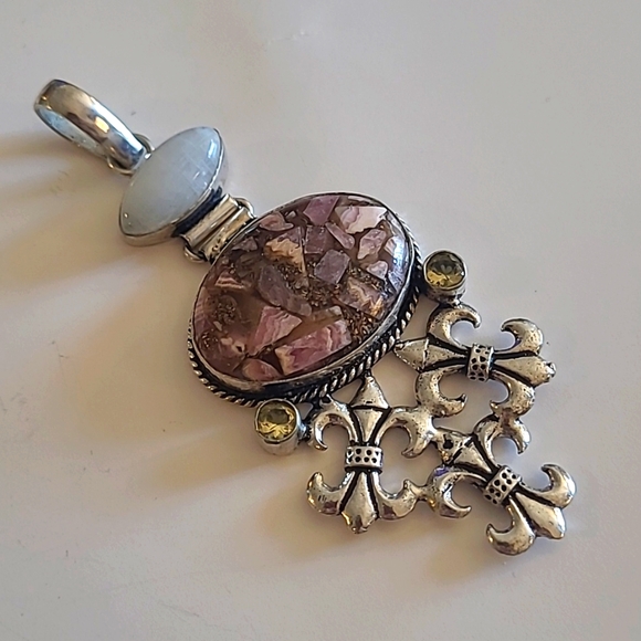 925 Silver Rhodochrosite, Citrine, and Moonstone Pendant - Picture 1 of 7